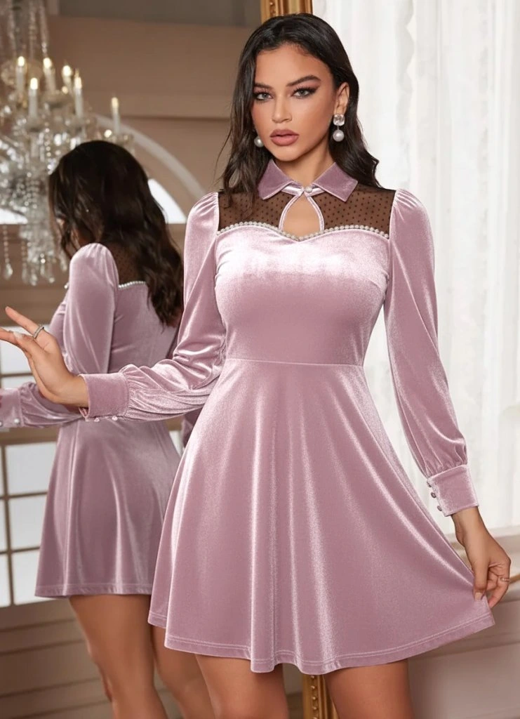Kadın Uzun Kollu Yakalı Tül Detaylı Incili Mini Kadife Elbise