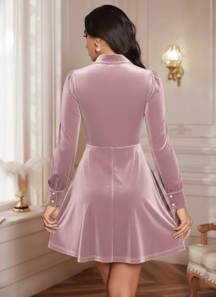 Kadın Uzun Kollu Yakalı Tül Detaylı Incili Mini Kadife Elbise