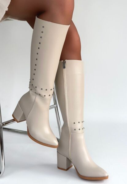Tiyan Bej Cilt Topuklu Çizme