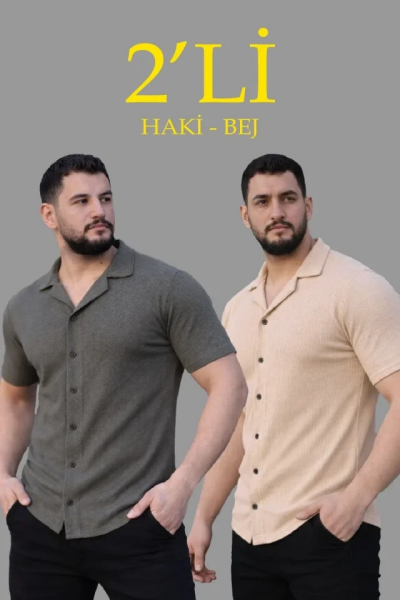 Erkek Waffle Dokuma Açık Yakalı Düğmeli Regular Kalıp 2’li Gömlek Seti - Haki - Bej