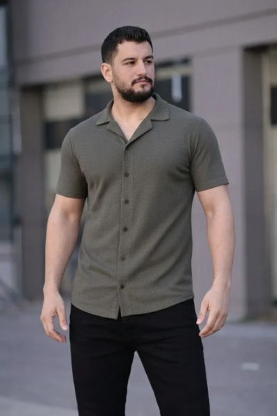 Erkek Waffle Dokuma Açık Yakalı Düğmeli Regular Kalıp 2’li Gömlek Seti - Haki - Bej