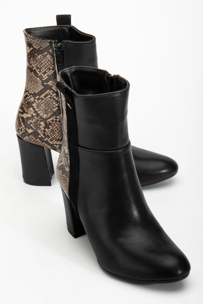 292 Siyah Yılan Desen Detaylı Fermuarlı  Yüksek Topuklu Günlük Kadın Bot