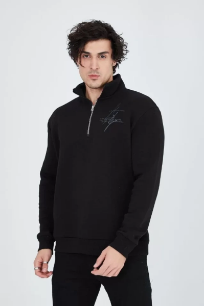 Erkek Yarım Fermuarlı Baskılı Sweat - Siyah