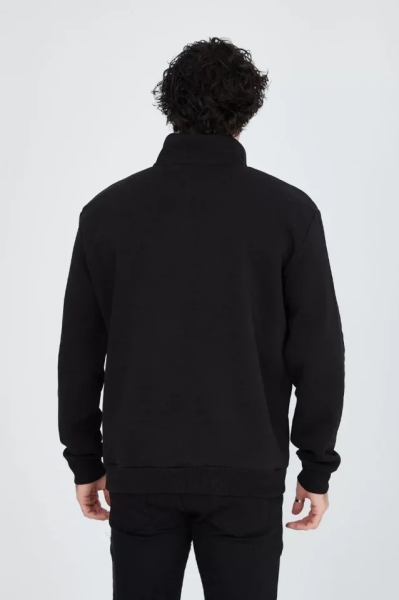 Erkek Yarım Fermuarlı Baskılı Sweat - Siyah