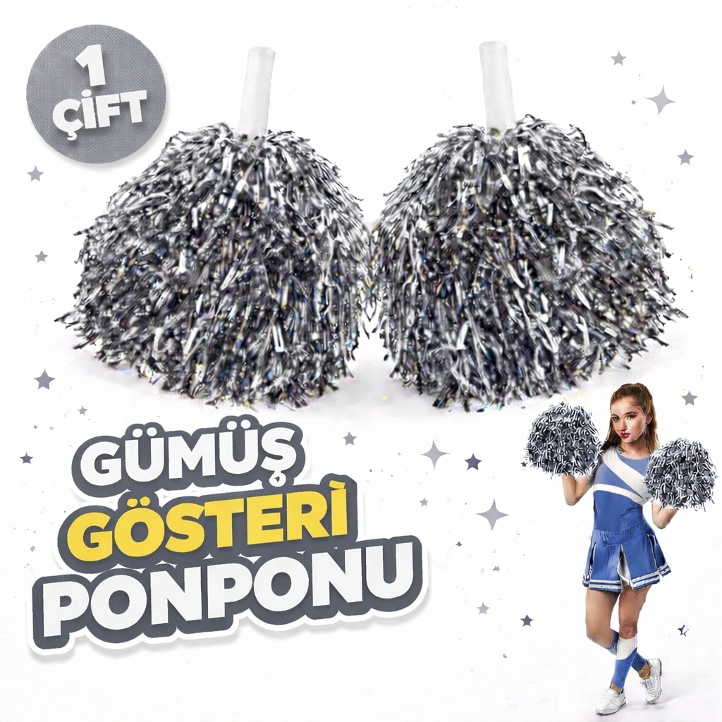 1 Çift Gümüş Renk Okul Gösteri Ponponları Ekstra Dolgun