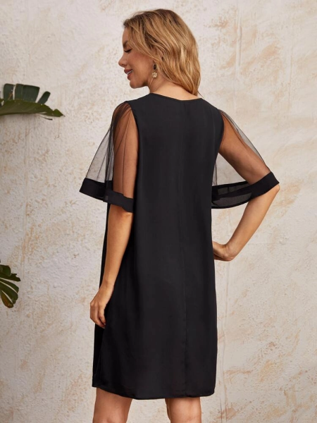 Kadın Tüllü Kısa Kollu V Yaka Krep Elbise