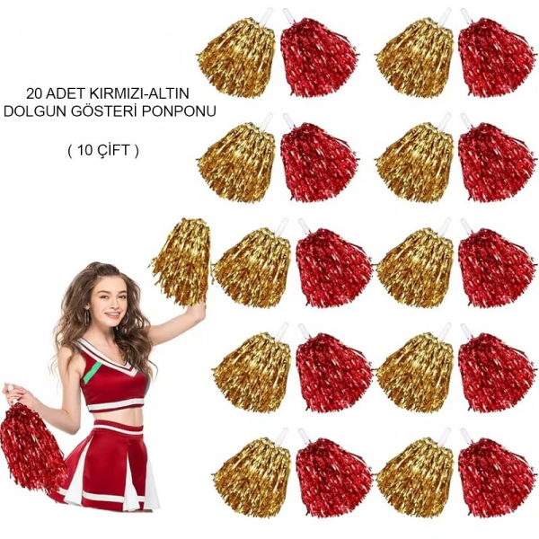 Kırmızı - Altın Metalik Dolgun Gösteri Ponponu 20 Adet (10 Çift)