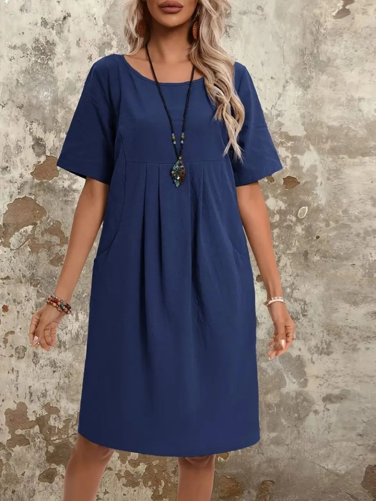 Kadın Kısa Kollu Yakası Açık önden Büzgülü Cep Detaylı Viskon Iki Iplik Elbise