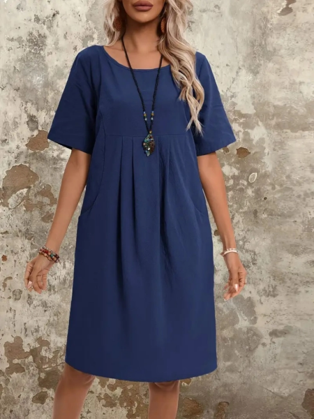 Kadın Kısa Kollu Yakası Açık önden Büzgülü Cep Detaylı Viskon Iki Iplik Elbise