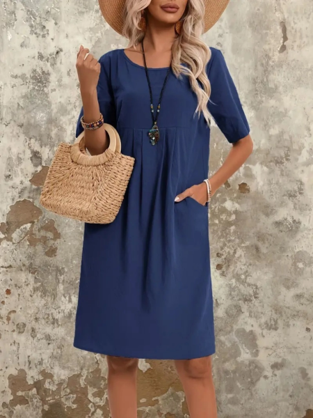 Kadın Kısa Kollu Yakası Açık önden Büzgülü Cep Detaylı Viskon Iki Iplik Elbise