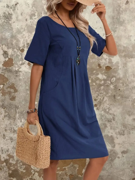 Kadın Kısa Kollu Yakası Açık önden Büzgülü Cep Detaylı Viskon Iki Iplik Elbise