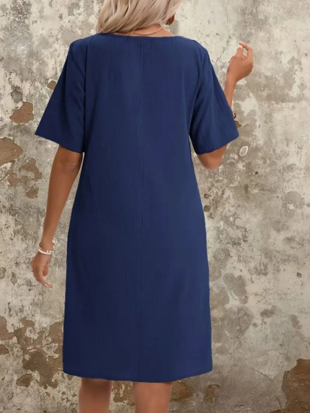 Kadın Kısa Kollu Yakası Açık önden Büzgülü Cep Detaylı Viskon Iki Iplik Elbise