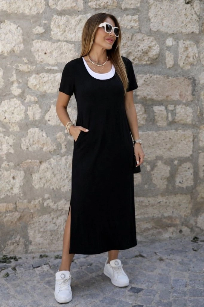 Kadın Kısa Kollu Içi Atlet Görünümlü Yandan Yırtmaçlı Uzun Viskon Elbise