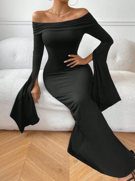 Kadın Madonna Yaka Uzun Yırtmaç Kol Detaylı Uzun Ithal Krep Elbise