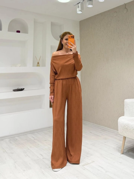 Kadın Uzun Kollu Omuz Dekolteli Bluz Ve Palazzo Pantolon Ikili Takım