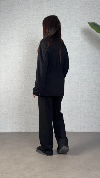 Kadın Uzun Kollu Bisiklet Yaka Belden Büzgülü Bağcıklı Viskon Iki Iplik Bluz Ve Pantolon Ikili Takım