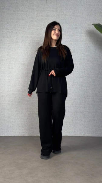 Kadın Uzun Kollu Bisiklet Yaka Belden Büzgülü Bağcıklı Viskon Iki Iplik Bluz Ve Pantolon Ikili Takım