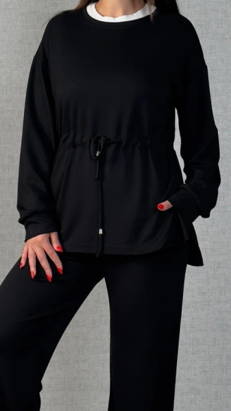 Kadın Uzun Kollu Bisiklet Yaka Belden Büzgülü Bağcıklı Viskon Iki Iplik Bluz Ve Pantolon Ikili Takım