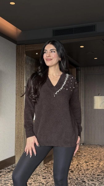 Kadın V Yaka Uzun Kollu Inci Detay Triko Bluz