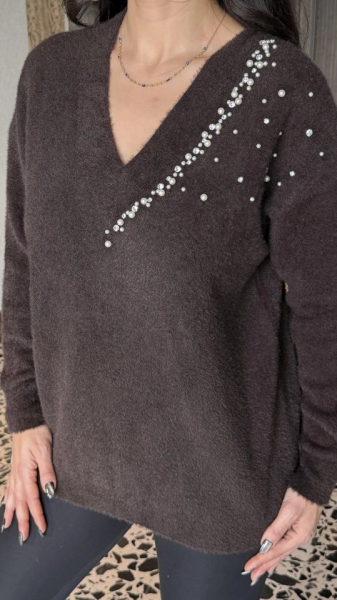 Kadın V Yaka Uzun Kollu Inci Detay Triko Bluz