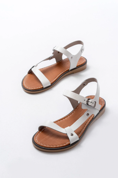 205-090 Beyaz Hakiki Deri Tokalı Kadın Sandalet