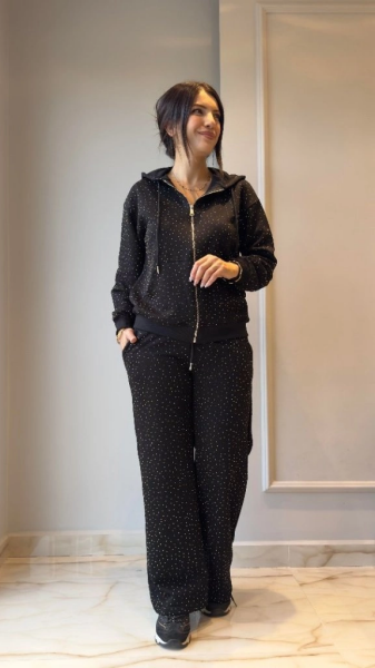 Kadın Uzun Kollu Kapşonlu Fermuarlı Taşlı önü Fermuarlı Viskon Iki Iplik Bluz Ve Eşofman Altı Ikili Takım