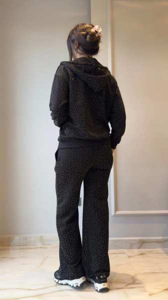 Kadın Uzun Kollu Kapşonlu Fermuarlı Taşlı önü Fermuarlı Viskon Iki Iplik Bluz Ve Eşofman Altı Ikili Takım