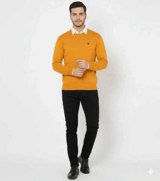 Erkek Bisiklet Yaka Nakış Işlemeli Triko Kazak Yumuşak Dokulu Pamuklu Ince Dokuma, Uzun Kollu Rahat Regular Kalıp - Turuncu