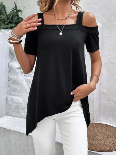 Kadın Kısa Kollu Omuzlardan Açık Askılı Asimetrik Kesim Viskon Bluz