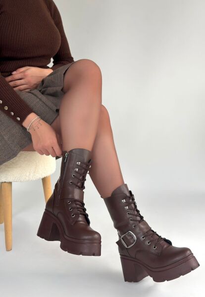 Linma Kahverengi Cilt Bağcıklı Topuklu Bot