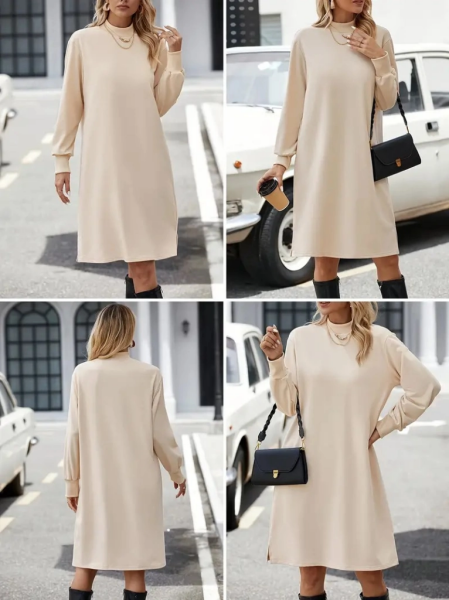 Kadın Uzun Kollu Balıkçı Yaka Kısa şardonlu Dalgıç Elbise