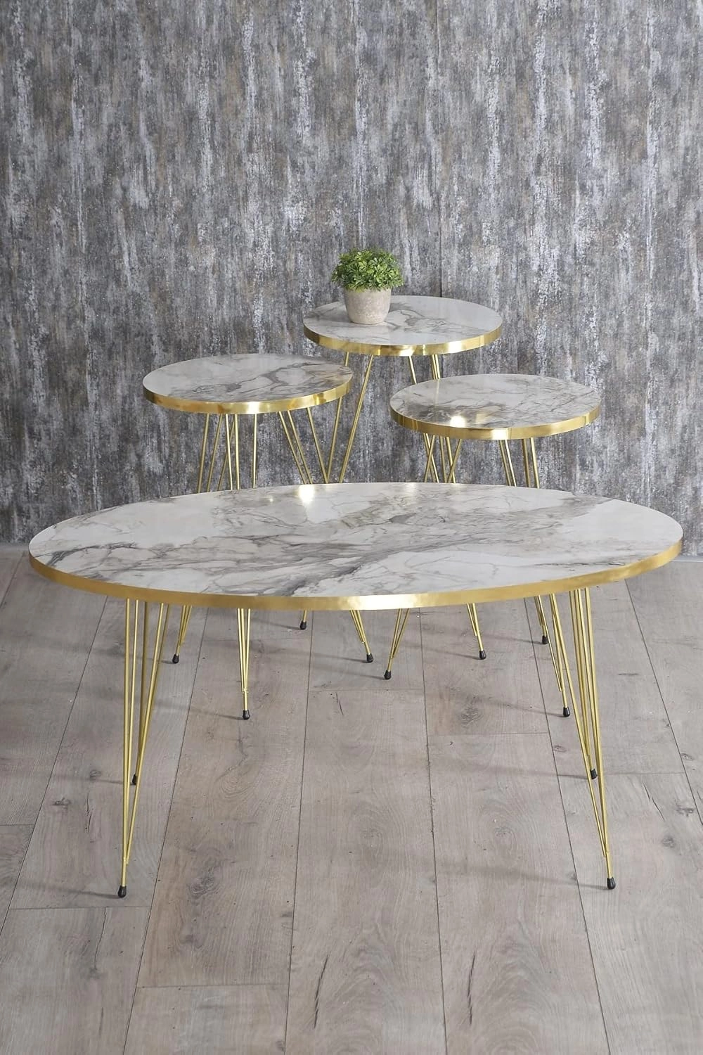Zigon Sehpa Ve Orta Sehpa Elips Gold Metal Ayak Gold Efes Set