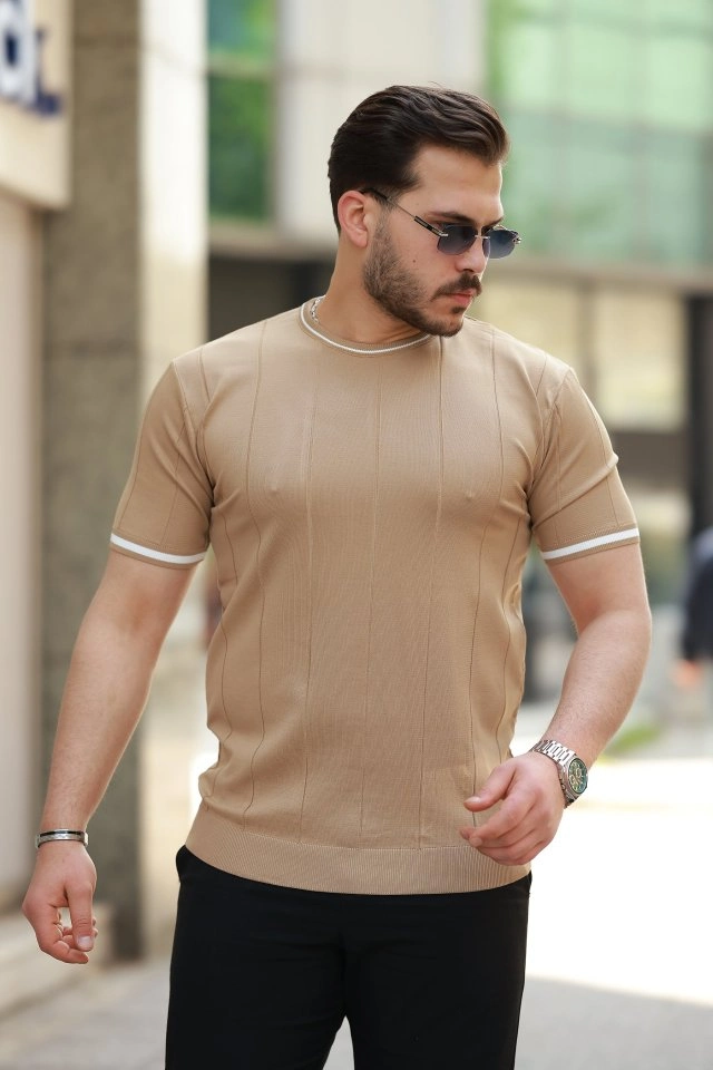 Erkek Bisiklet Yaka çizgi Desenli Ribanalı Kısa Kollu Tshirt