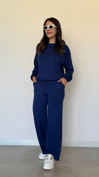 Kadın Uzun Kollu Bisiklet Yaka Viskon Iki Iplik Bluz Ve Pantolon Ikili Takım