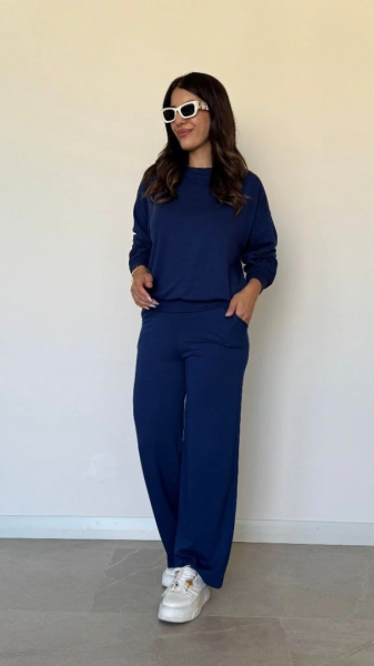 Kadın Uzun Kollu Bisiklet Yaka Viskon Iki Iplik Bluz Ve Pantolon Ikili Takım