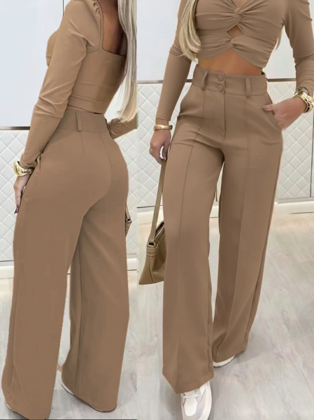 Kadın Uzun Kollu Göğüs Dekolteli Ithal Krep Bluz Ve Pantolon Ikili Takım