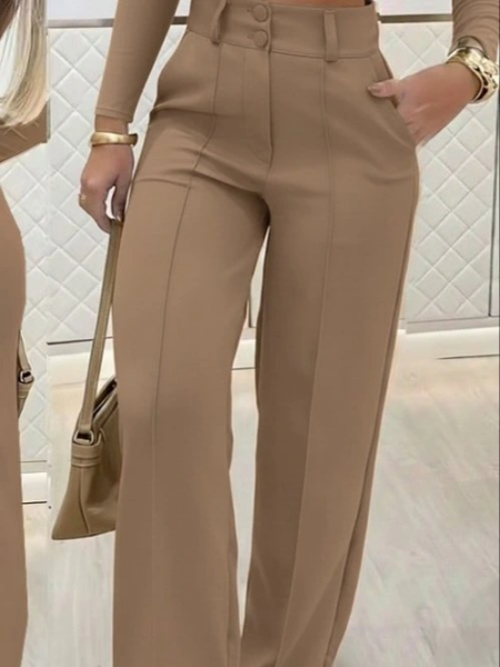 Kadın Uzun Kollu Göğüs Dekolteli Ithal Krep Bluz Ve Pantolon Ikili Takım