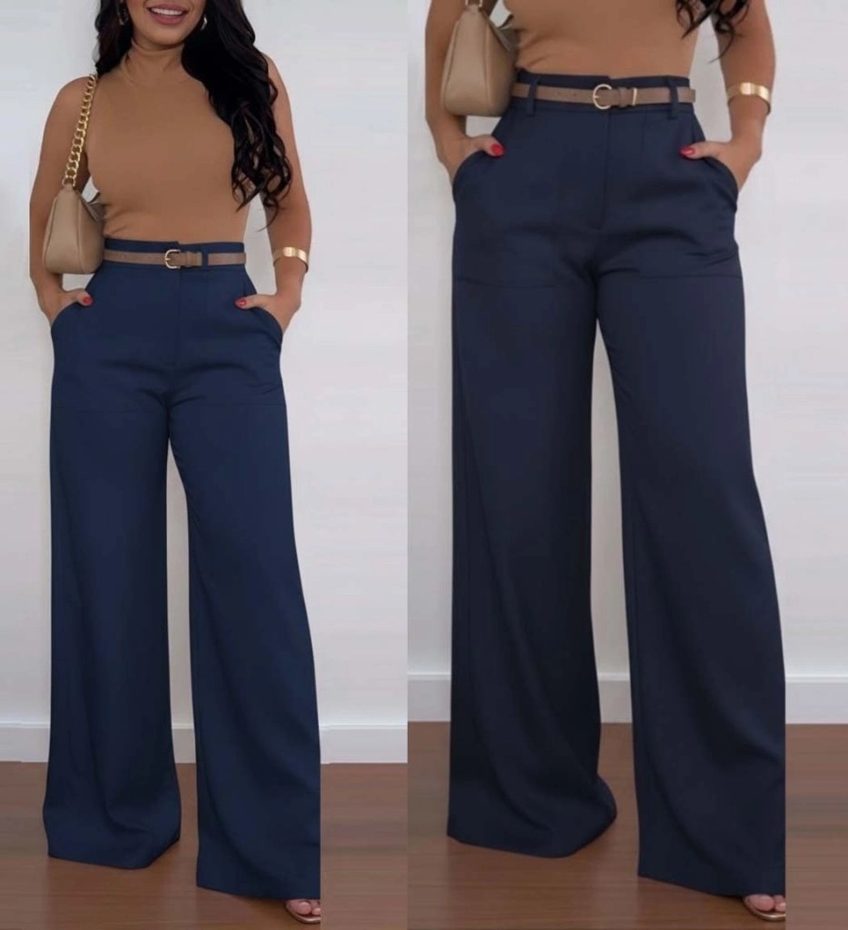 Kadın Yüksek Bel Geniş Paça Detaylı Cepli Ithal Krep Pantolon