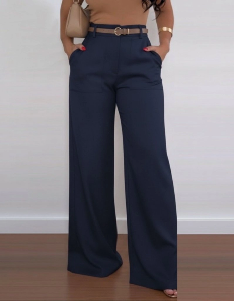 Kadın Yüksek Bel Geniş Paça Detaylı Cepli Ithal Krep Pantolon