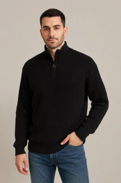 Erkek Fitilli Triko Kazak 2’li Set – Siyah - Haki Kalın Dokuma Pamuklu Regular Fit V Yaka Fermuarlı Uzun Kollu Rahat Kışlık Kazak Kombini