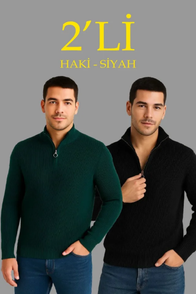 Erkek Fitilli Triko Kazak 2’li Set – Siyah - Haki Kalın Dokuma Pamuklu Regular Fit V Yaka Fermuarlı Uzun Kollu Rahat Kışlık Kazak Kombini