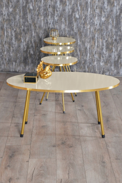 Zigon Sehpa ve Orta Sehpa Elips Gold Metal Ayak Gold Krem Set