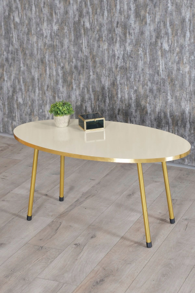 Zigon Sehpa ve Orta Sehpa Elips Gold Metal Ayak Gold Krem Set