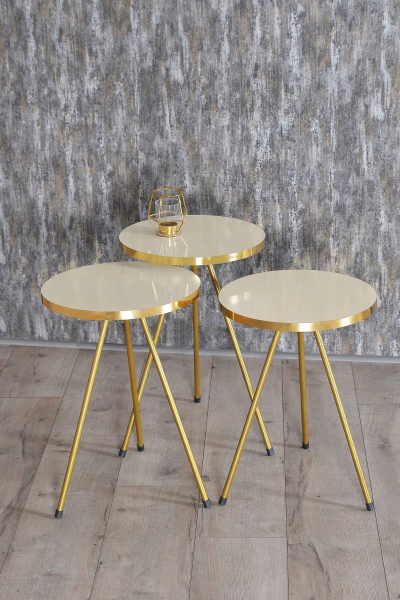 Zigon Sehpa ve Orta Sehpa Elips Gold Metal Ayak Gold Krem Set