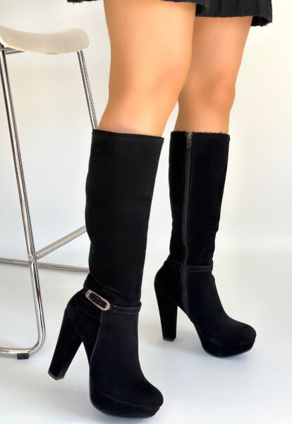 Tekja Siyah Süet Topuklu Çizme