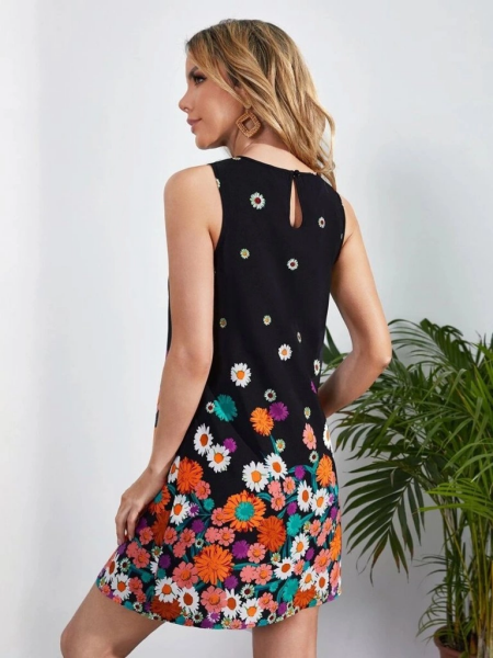 Kadın Sıfır Kollu Bisiklet Yaka çiçek Desenli Süprem Mini Elbise