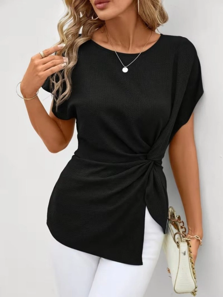 Kadın Kısa Kollu Yuvarlak Yakalı Yandan Sarmal Detaylı Bürümcük Bluz