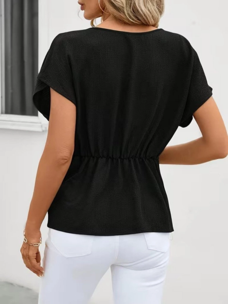 Kadın Kısa Kollu Yuvarlak Yakalı Yandan Sarmal Detaylı Bürümcük Bluz