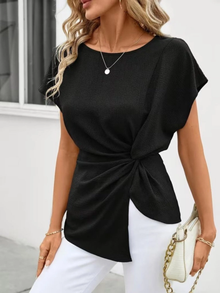 Kadın Kısa Kollu Yuvarlak Yakalı Yandan Sarmal Detaylı Bürümcük Bluz