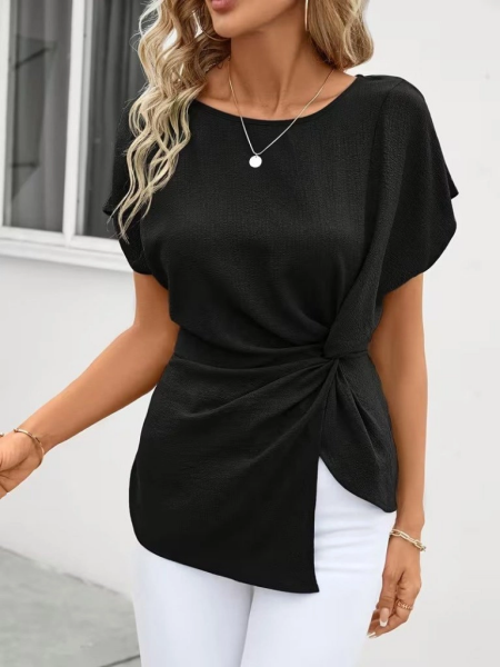 Kadın Kısa Kollu Yuvarlak Yakalı Yandan Sarmal Detaylı Bürümcük Bluz